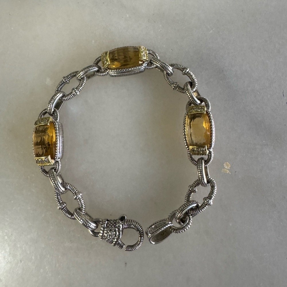 Judith Ripka SS and 18k gold citrine with diamonds station bracelet 6 3/4